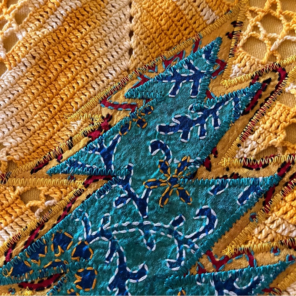 silk crochet patchwork stealie bright golden Grateful Dead festival hoodie💚⚡️🩵 - Picture 12 of 15